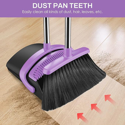 Broom and Dustpan Set for Home, 51-in Long Adjustable Handle Angle Broom and Dustpan Combo Set with Dust Pan Teeth to Clean Hair for Home Kitchen Office Lobby Floor Garden (Black&Purple)