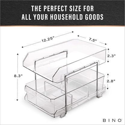 BINO 2 Tier Clear Storage Organizer with Dividers | Bottom Slide Out Drawer for Under Sink, Medicine Cabinet | Bathroom Closet, Vanity, Pantry Organizer | Under Cabinet Storage for Bathroom & Kitchen
