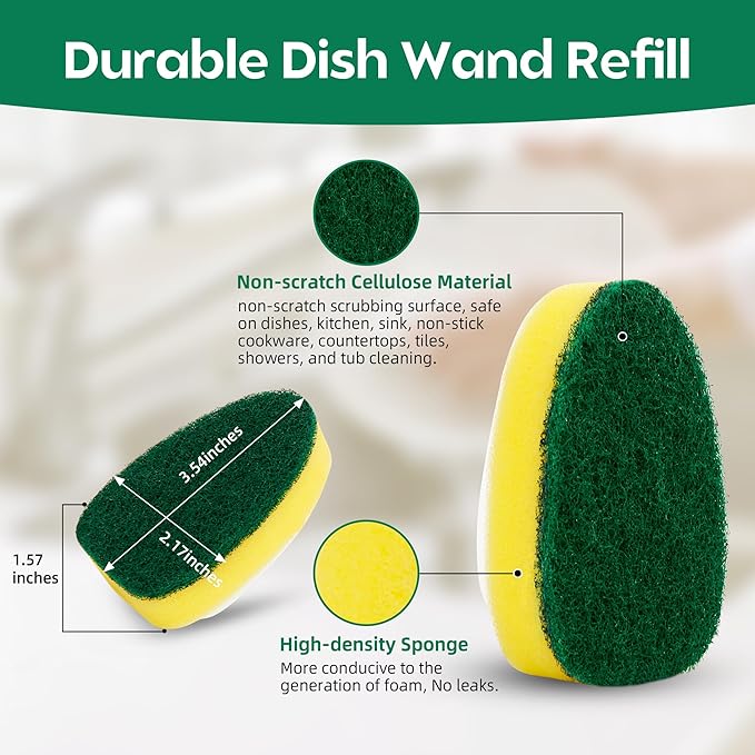 Non-Scratch DishWand Refills Sponge 12 Pack, Zero-Scratch Sponge Replacement Heads for Dish Wand, Scratch-Free Refill Pads for Soap Dispensing Handles Safe for Nonstick Cookware, Dishes, Pots, Pans
