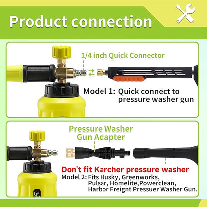 FIXFANS Foam Cannon, Wide Neck Snow Foam Lance with Replacement Adapter for Portland Husky and Ryobi Pressure Washer, Heavy Duty Power Washer Foam Blaster with 1/4 Inch Quick Connector, 5 Nozzles, 1L