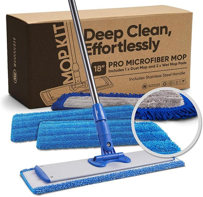 Microfiber Wholesale 18 Inch Professional Microfiber Mop | 4-Piece Stainless Steel Handle | Wet Dry Flat Mop Kit for Hardwood, Laminate, Tile, Vinyl Floors | 3 Washable Pads | Floor Cleaning System