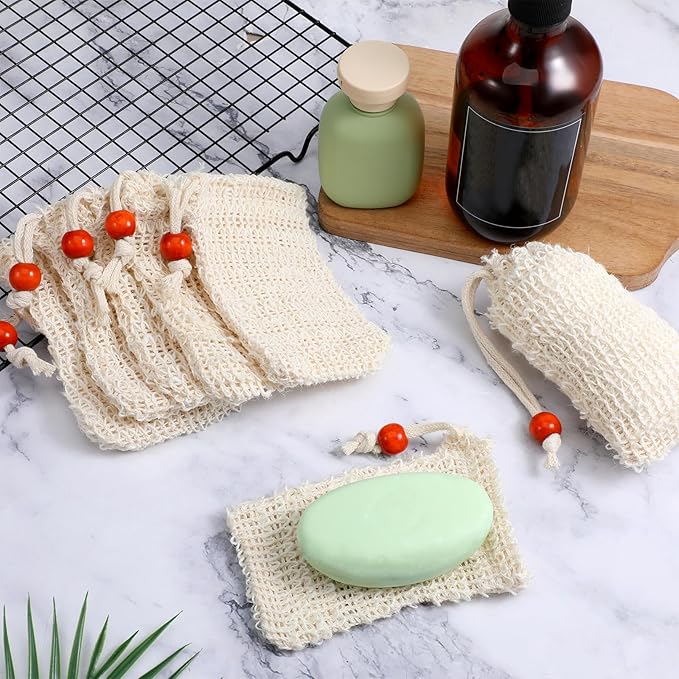 50 Pcs Soap Bags Mesh Exfoliating, Natural Sisal Soap Saver Bag Pouch, Quick-Drying Reusable Plastic-Free Mesh Net with Drawstring Bar Wooden Bead for Shower Use Like Massaging (3.5x5.5 Inch)