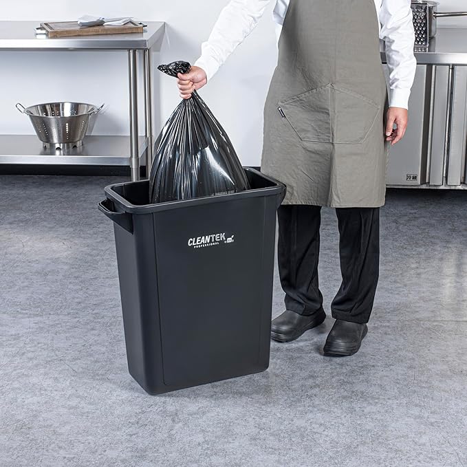 Restaurantware-Clean Tek Professional 15 Gallon Trash Can, 1 Slim Rectangle Waste Basket - With Handles, Space Saving, Black Plastic Garbage Bin, For Commercial Space, Office, Store, Cafe, And More