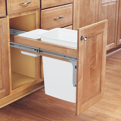 Rev-A-Shelf 35 Qt Top Mount Single Pullout Under Cabinet Kitchen Trash Cans for Base Cabinets, 150 Pound Rated Full-Extension Slides, Min Opening Width of 12", White, 4WCTM-12DM1