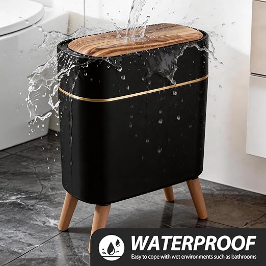 suyika Automatic Trash Can, 2.6 Gallon/10L Bathroom Trash Can with Lid - Wood Grain Lid and Legs, Touchless Waterproof Garbage Bin for Bedroom, Bathroom, Office, Living Room