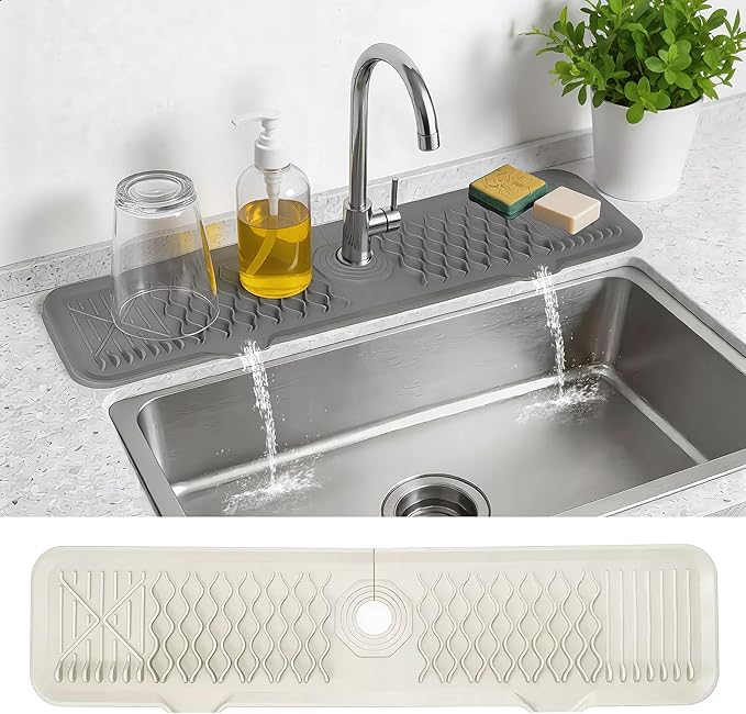 Silicone Faucet Mat for Kitchen Sink, Draining Mat Water Splash Guard for Kitchen & Bathroom (Beige, 24"x5.6")