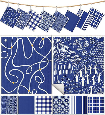 Miss Adola 8 Pack Reusable Kitchen Swedish Dishcloths for Washing Dishes Cloths Absorbent Fast Drying Cleaning Sponge Cute Decorate Washable Swedish Towels, Blue Line