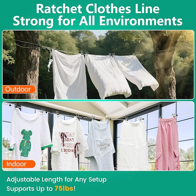 Retractable Travel Clothesline, 19FT Adjustable Heavy-Duty Line with Reflective Pulley System, Stainless Hooks & Clips – Portable for Camping, Cruise, Hotel, Balcony & Outdoor Laundry (Army Green)