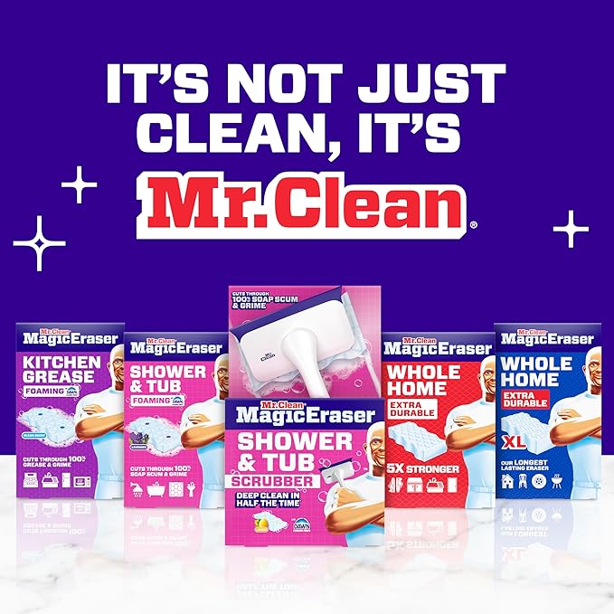 Mr. Clean Magic Eraser Sponge, Bathroom, Shower, Tub Cleaner, Soap Scum Remover, Bathroom Cleaning Supplies, Dawn Cleaning Power with Lemon Scent, Shower & Tub, 8ct (Pack of 4)
