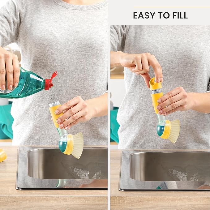 Vigar Rengo Dish Brush with Soap Dispenser - Dish Scrubber with Handle, Kitchen Scrub Brush for Dishes, Sink Cleaning Brush, Soap Dispensing Dish Wand with Nylon Bristles, Non Scratch - Mustard