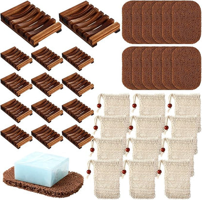 Baderke 36 Pcs Soap Saver Set for Packaging Gift Including Wooden Dish Holder Exfoliating Bag with Drawstring Soap Pads for Mother's Day Bar Wedding Baby Shower Homemade Gift(Brown Color)