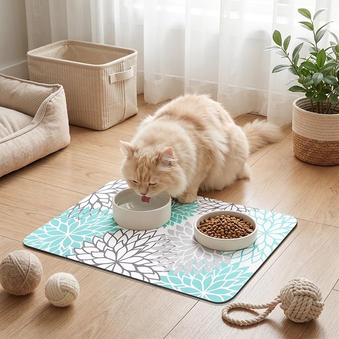 Findosom Dish Drying Mat, 12" x 20" Super Absorbent Dish Mat with Floral, Hide Stain Drying Mat for Kitchen Counter, Under Dish Rack, Coffee Maker, Espresso Machine, Teal