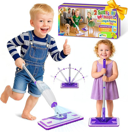 2 Set Toy Mop for Kids - Toddler Real Spray Flat Floor Mop Montessori Cleaning Toy Set, Educational and Fun Gifts for Boys and Girls Ages 4+