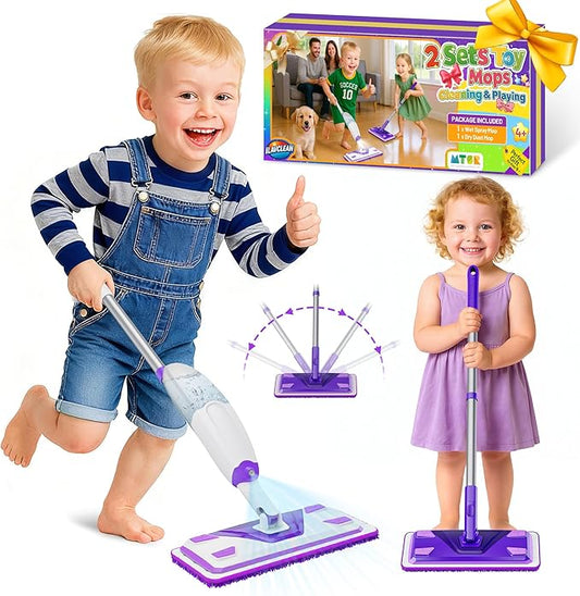 2 Set Toy Mop for Kids - Toddler Real Spray Flat Floor Mop Montessori Cleaning Toy Set, Educational and Fun Gifts for Boys and Girls Ages 4+