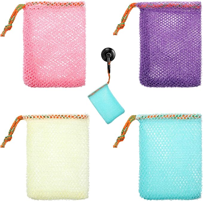 4 Pcs Mesh Bar Soap Pouch, 3.5 x 5.5 Inch Soap Saver Bags with Drawstring Portable Exfoliating Soaps Holder Net for Foaming and Drying Bath Shower (4 Colors)