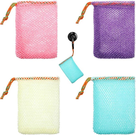 4 Pcs Mesh Bar Soap Pouch, 3.5 x 5.5 Inch Soap Saver Bags with Drawstring Portable Exfoliating Soaps Holder Net for Foaming and Drying Bath Shower (4 Colors)