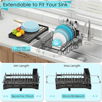 ANTOPY Dish Drying Rack in Sink, Expandable Rustproof Dish Rack for Kitchen Counter, Over the Sink Dish Drainer with Utensil Holder, Cup Rack, Drainboard, Space Saving Dish Dryer Rack for Inside Sink