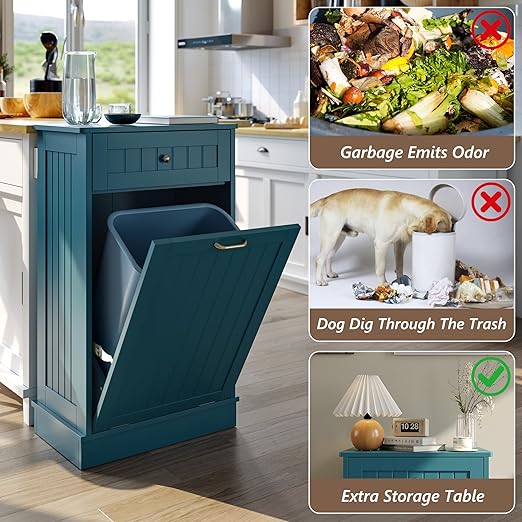 LOUVIXA Tilt Out Trash Can Cabinet, Hidden Trash Cabinet with Drawer, Wooden Dog Proof Trash Can Holder, Tilt Out Laundry Hamper, Garbage Can Holder (Teal-Blue)