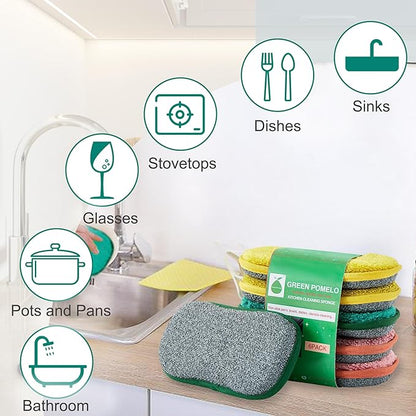 Multipurpose Sponges Kitchen,6 Pack Reusable Non-Scratch Scrub Sponge,Rough Scrubbers Side for Pots and Pans,Soft Microfiber Scrub Side for Washing Dishes