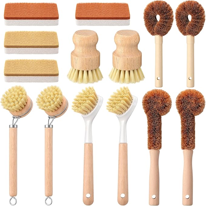 Sliner 14 Pcs Bamboo Dish Brush Set, Wooden Dish Brush with Long Handle Sisal and Palm Fiber Natural Wooden Kitchen Sponge for Pots Pans Bottle Sink Vegetables Household Cleaning