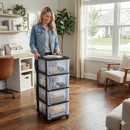 4-Drawer Narrow Storage Cart with Wheels - 32.5" Tall Slim Rolling Plastic Drawer Organizer Tower for Bathroom, Laundry Room, Kitchen & Office - Mobile Utility Unit with Clear Bins (Black)