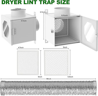 Dryer Lint Trap,Indoor Lint Trap for Dryer with 4inch Dryer Vent Hose, 2 Clamps, 3 Stainless Steel Mesh &Aluminum Foil Tape Cleaning Brush for Electric Clothes Dryers - Dryer Duct lint Trap (Metal)