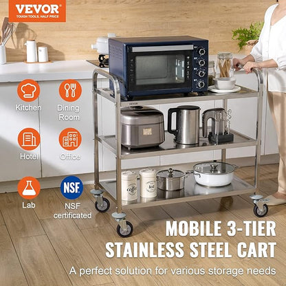 VEVOR Kitchen Utility Cart, 3 Tiers, Wire Rolling Cart with 220LBS Capacity, Steel Service Cart on Wheels, Metal Storage Trolley with 80mm Basket Curved Handle PP Liner 6 Hooks, for Indoor and Outdoor