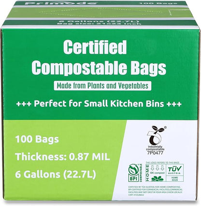 Compostable Bags, 6 Gallon Food Scraps Yard Waste Bags, 100 Count, Extra Thick 0.87 Mil. ASTMD6400 Compost Bags Small Kitchen Trash Bags, Certified By BPI And TÜV AUSTRIA,