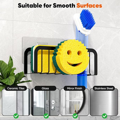 Sponge Holder for Kitchen Sink, Sink Caddy Organizer with Smiley Face, Dish Soap Holder Rack for Kitchen with Suction Cups/Adhesive Strips, Design for Sponge, Soap, Dish Brush, Scrubber, Stoppers