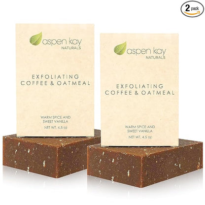 Aspen Kay Naturals Coffee & Oatmeal Exfoliating Soap, Natural and Organic Coffee Scrub. With Organic Shea Butter & Pure Essential Oils. A Wonderful Oatmeal Soap, For Men & Women. (2 pack)