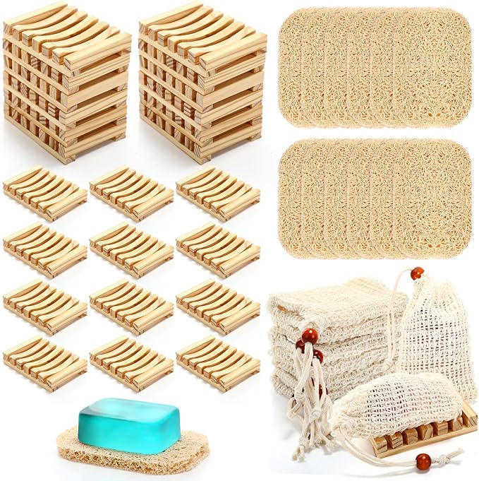 Baderke 36 Pcs Soap Saver Set for Packaging Gift Including Wooden Dish Holder Exfoliating Bag with Drawstring Soap Pads for Mother's Day Bar Wedding Baby Shower Homemade Gift(Wood Color)