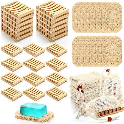 Baderke 36 Pcs Soap Saver Set for Packaging Gift Including Wooden Dish Holder Exfoliating Bag with Drawstring Soap Pads for Mother's Day Bar Wedding Baby Shower Homemade Gift(Wood Color)