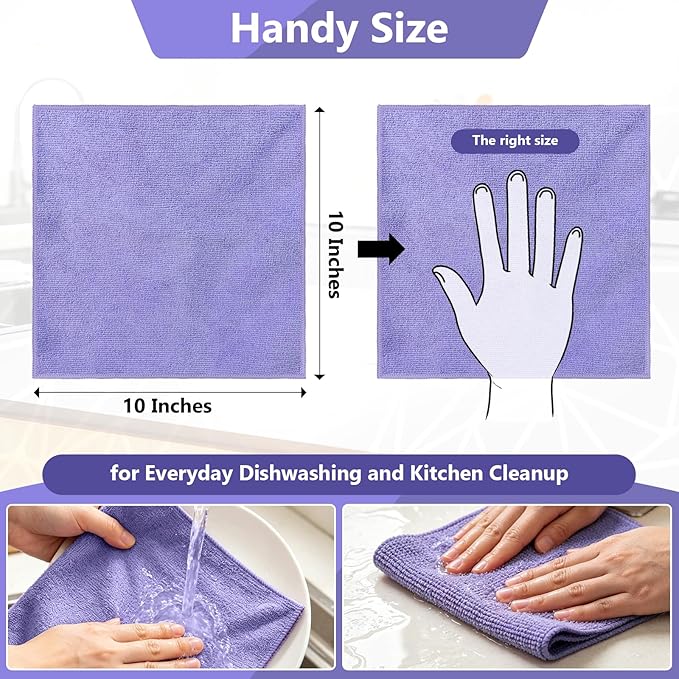 Kitchen Dish Cloths, 12 Pack, 10 x 10 Inches, Coral Velvet Kitchen Towels, Soft Lint Free Reusable Dish Cloths for Dishes, Tables and Household Cleaning, Purple