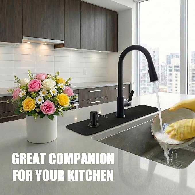Customizable Kitchen Sink Faucet Mat: 24"Lx4"W Black Bathroom Counter Protector Drip Catcher - Splash Guard with Pre-Cut Center Hole, DIY to Fit Irregular Sink with 2, 3 Holes & Soap Dispenser