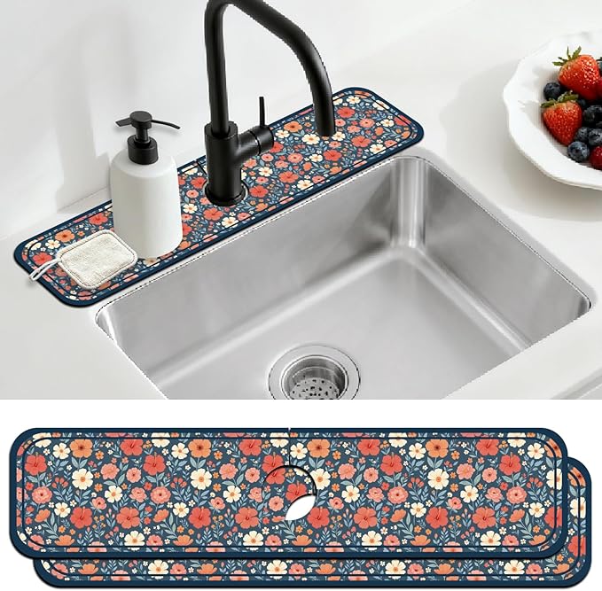2 Pcs Kitchen Sink Splash Guard Faucet Mat Various Drinks Pattern Faucet Mat for Sinks Coffee Graffiti Absorbing Drying Mats for Kitchen Bathroom, 23.6x5.5inch