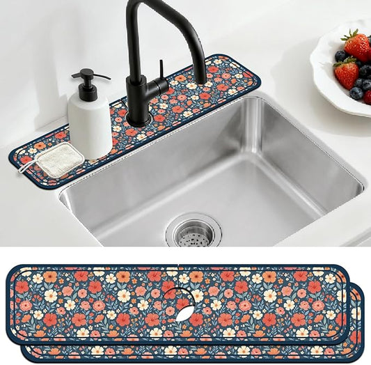 2 Pcs Kitchen Sink Splash Guard Faucet Mat Various Drinks Pattern Faucet Mat for Sinks Coffee Graffiti Absorbing Drying Mats for Kitchen Bathroom, 23.6x5.5inch