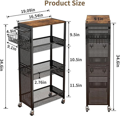 Slim Storage Rolling Cart: 4-Tier Narrow Metal & Wood Utility Cart with Wheels for Kitchen/Laundry/Bathroom(Black)