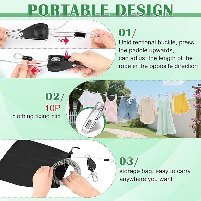 Windspeed 25Ft Retractable Clothesline Outdoor Heavy Duty Travel Clothesline Retractable Clothes Line for Outside Travel Camping Clothes Line, Galvanized Steel Material, with 10 Clips, Storage Bag