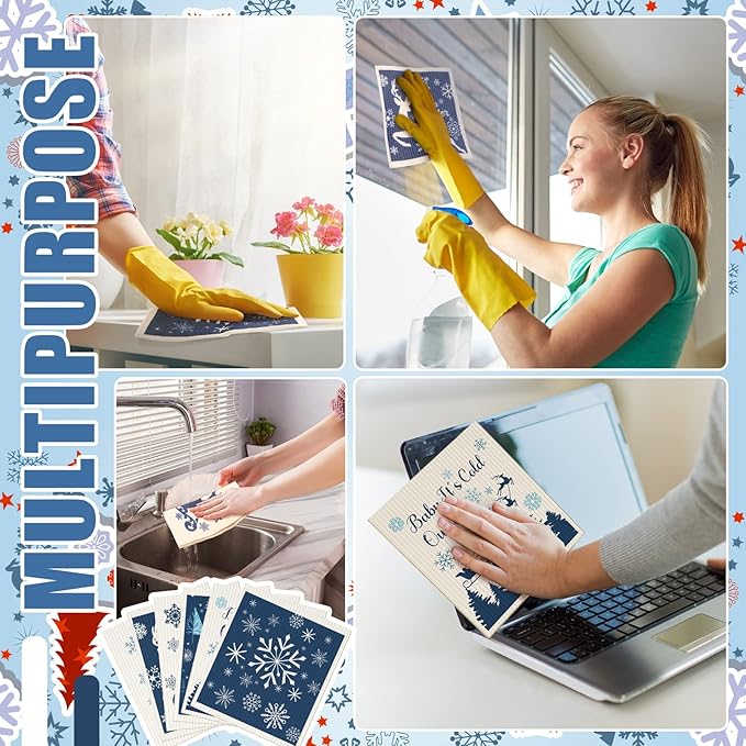 Cunhill 6 Pcs Swedish Kitchen Dish Cloths Kitchen Towels Reusable Sponge Cleaning Cloths Wipes Absorbent Dish Cloth Quick Drying Washable Decorative Tea Towels No Odor Bar Hand Towel (Blue Christmas)