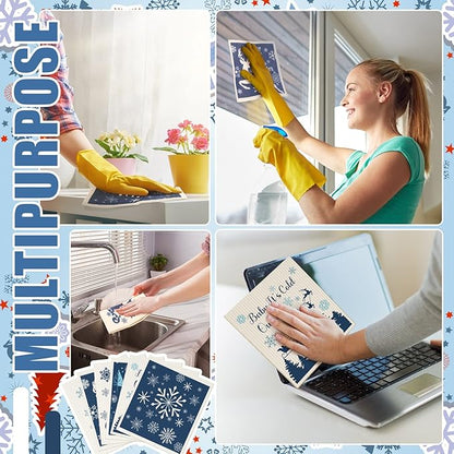 Cunhill 6 Pcs Swedish Kitchen Dish Cloths Kitchen Towels Reusable Sponge Cleaning Cloths Wipes Absorbent Dish Cloth Quick Drying Washable Decorative Tea Towels No Odor Bar Hand Towel (Blue Christmas)