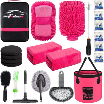 22Pcs Car Wash Cleaning Tools Kit Car Detailing Set with Canvas Bag Pink Collapsible Bucket Wash Mitt Sponge Towels Tire Brush Window Scraper Duster Complete Interior Car Care Kit