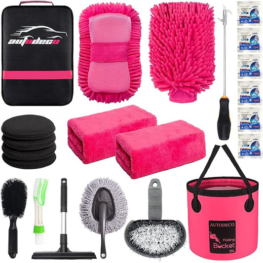 22Pcs Car Wash Cleaning Tools Kit Car Detailing Set with Canvas Bag Pink Collapsible Bucket Wash Mitt Sponge Towels Tire Brush Window Scraper Duster Complete Interior Car Care Kit