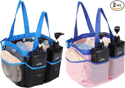 2 Pack Haundry Mesh Shower Caddy Tote Bag Hanging Portable Toiletry Bag College Dorm Essentials Quick Dry Bath Organizer for College Dorms, Gym, Camp for Bathroom Accessories(Sapphire Blue)