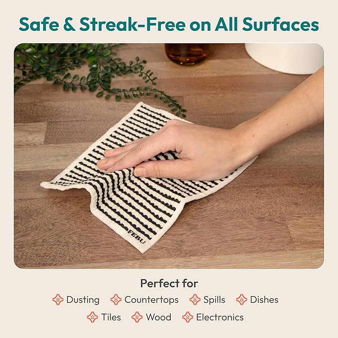 FEBU Swedish Dishcloths for Kitchen | 5 Pack Black Minimalist Reusable Paper Towels Washable | Swedish Dish Towels | Non-Scratch Cellulose Sponge Cloths | No Odor, Biodegradable Cleaning Cloths
