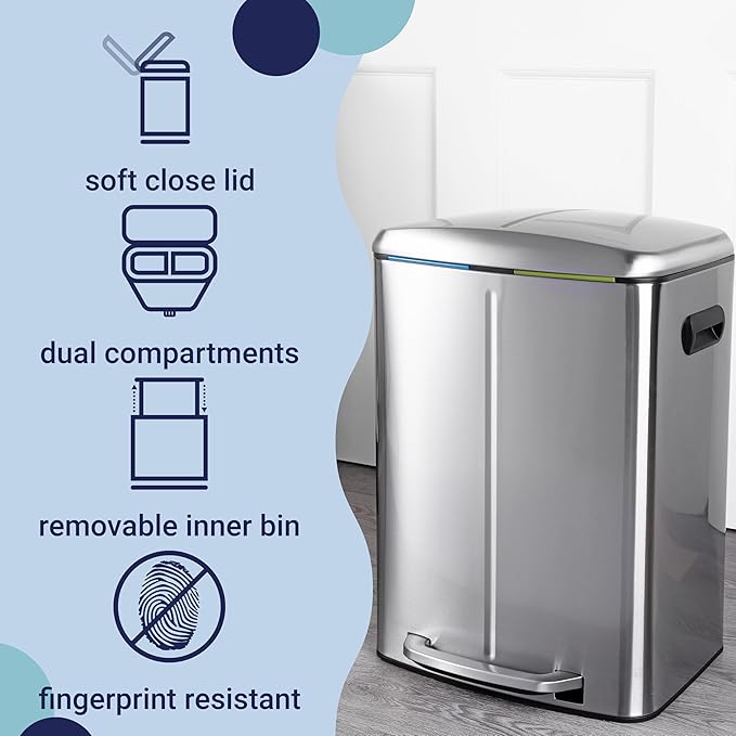 happimess HPM1005A Marco Rectangular 10.6-Gallon Double Bucket Trash Can with Soft-Close Lid, Stainless Steel, Fingerprint Resistant, Modern, Minimalistic for Home, Kitchen, Office, Bedroom, Bathroom