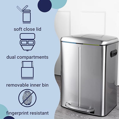 happimess HPM1005A Marco Rectangular 10.6-Gallon Double Bucket Trash Can with Soft-Close Lid, Stainless Steel, Fingerprint Resistant, Modern, Minimalistic for Home, Kitchen, Office, Bedroom, Bathroom