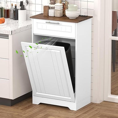 Single 10 Gallon Tilt Out Trash Can Cabinet with Deodorizing Function, Wooden Hidden Garbage Can Holder with Storage Drawers for Kitchen and Dining Room, Laundry Hamper Cabinet for Bathroom, White