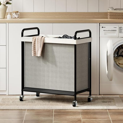 WOWLIVE Laundry Hamper 2 Section, 100L Rolling Laundry Basket with wheels and Removable Liner Bag, Double Laundry Sorter with Metal Handle, Clothes Hamper for Laundry Room, Bathroom and Dorm, Beige
