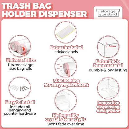 Storage Standard Trash Bag Holder Dispenser 10.5'' x 7'' x 7''- Acrylic Bags Dispensing Roll Organizer Holder, Garbage Liner Holder for Cabinet & Under Sink – Box Has Open Side Design