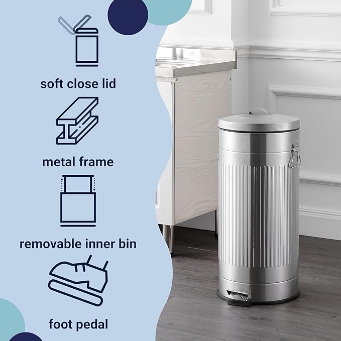 happimess HPM1018E Theo Retro 8-Gallon Step Trash Can with Soft-Close Lid and Free Mini Trash Can for Home, Kitchen, Bathroom, Living Room, Office, Platinum Silver